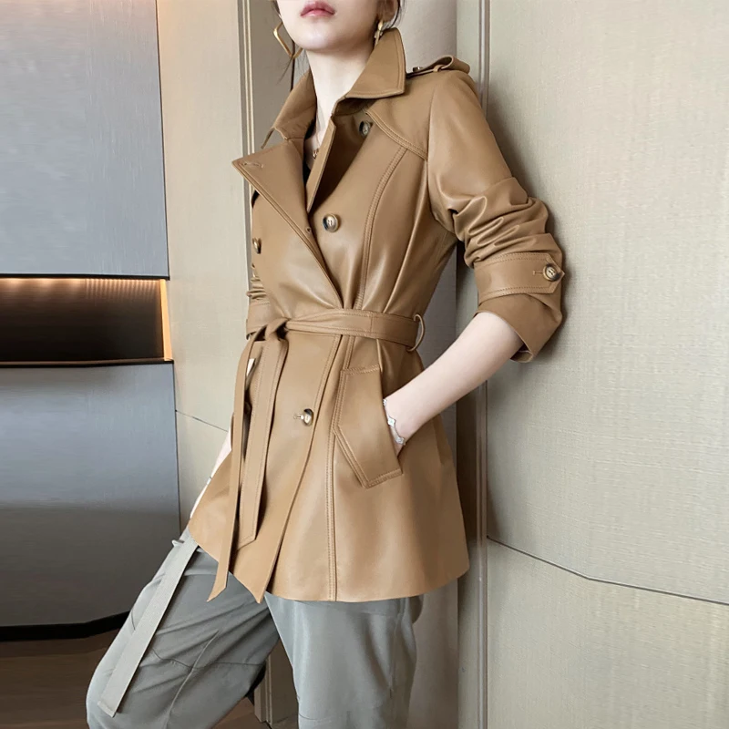 Veste en cuir véritable pour femme, manteau en peau de mouton, ceinture à lacets à revers, mince, mi-long, première couche, mode féminine, nouveau, 2024