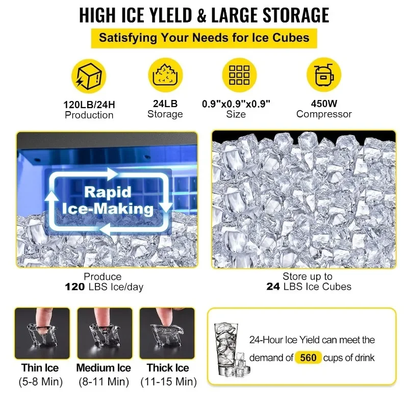 Komercyjna kostkarka do lodu VEVOR, maszyna do lodu pod licznikiem ze stali nierdzewnej 119 LBS/24 H ze schowkiem 24 LBS