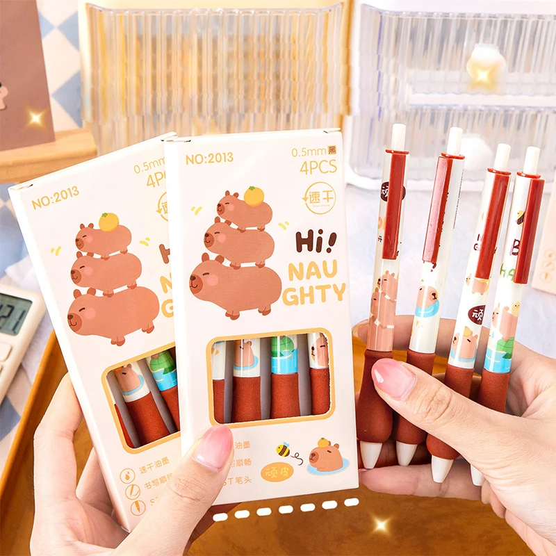 

4Pcs Cute Kawaii Capybara Pen School Supplies Aesthetic Stationery Cartoon Quick Drying Pressing Gel Pens Ballpoint Pens