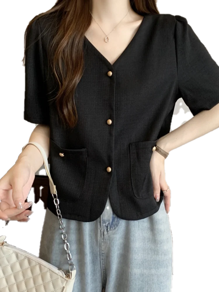 여름 반팔 브이넥 티셔츠 여성용 셔츠 어깨 길이 디자인 슬림핏 플러스 사이즈 배 커버 신상 한국 패션