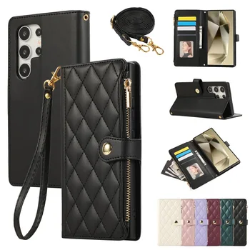 Crossbody deri telefon kılıfı için Samsung Galaxy S24 Ultra S23 FE S22 S21 artı Case A15 A25 A35 A54 A34 A24 A14 A53 cüzdan kapak
