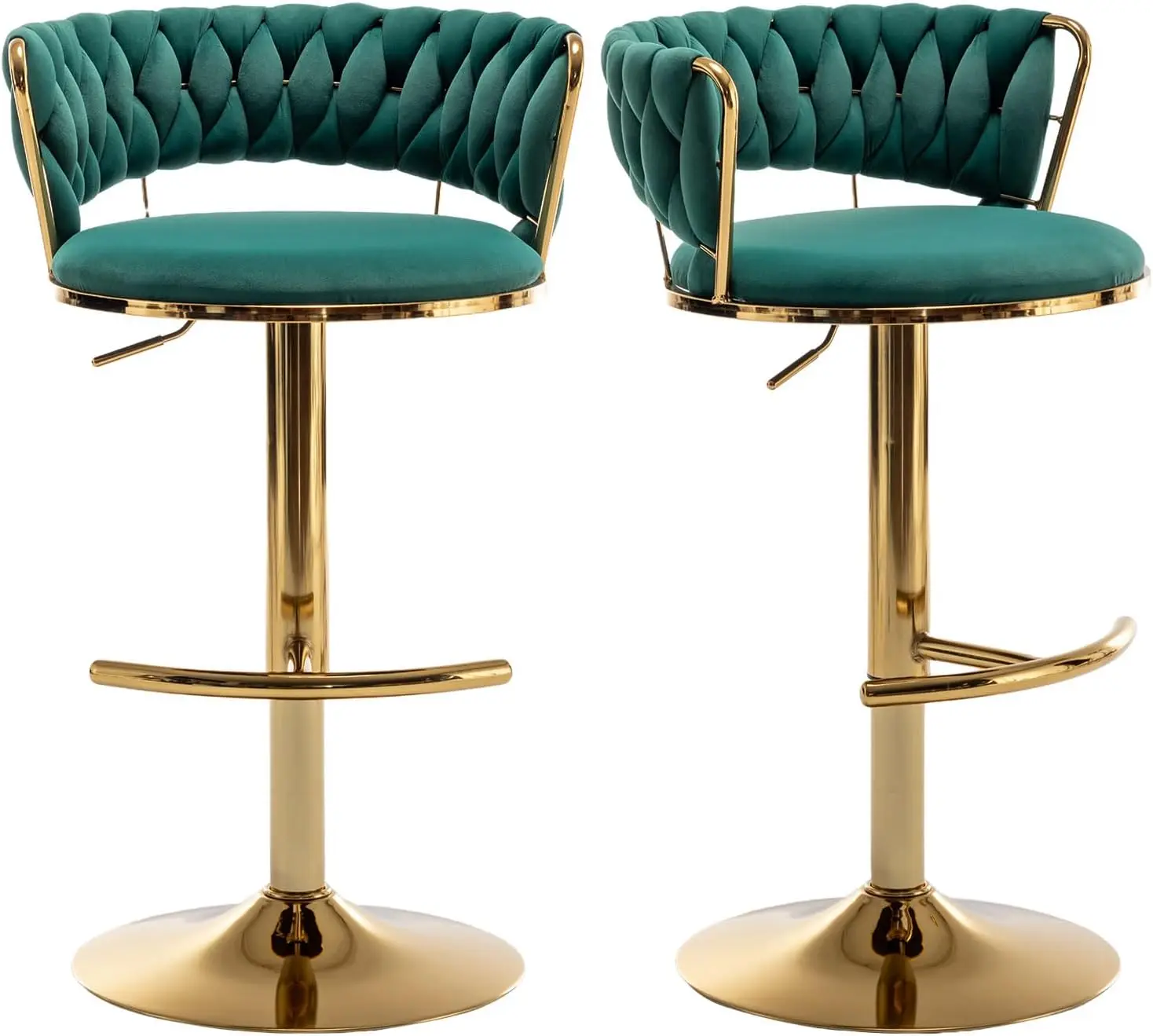 Velvet Bar Stools Set of 4, Counter Height Bar Chairs with Low Back, Gold Swivel Bar Stool for Kitchen Island,  (Green)