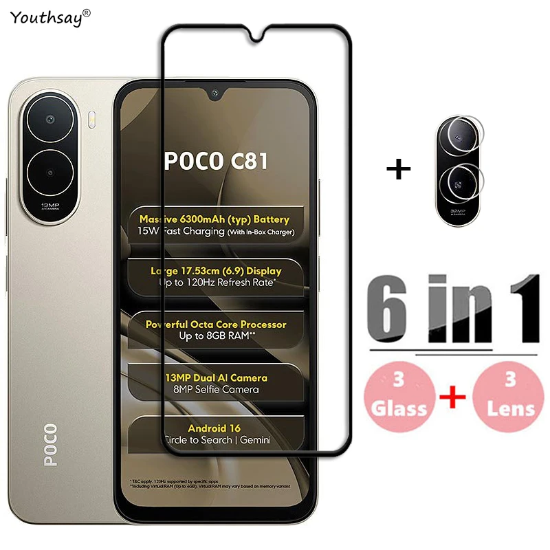 

6in1 Glass For Poco C81 Full Cover Tempered Glass Xiaomi Poco C81 Screen Protector HD Protective Phone Lens Film For Poco C81