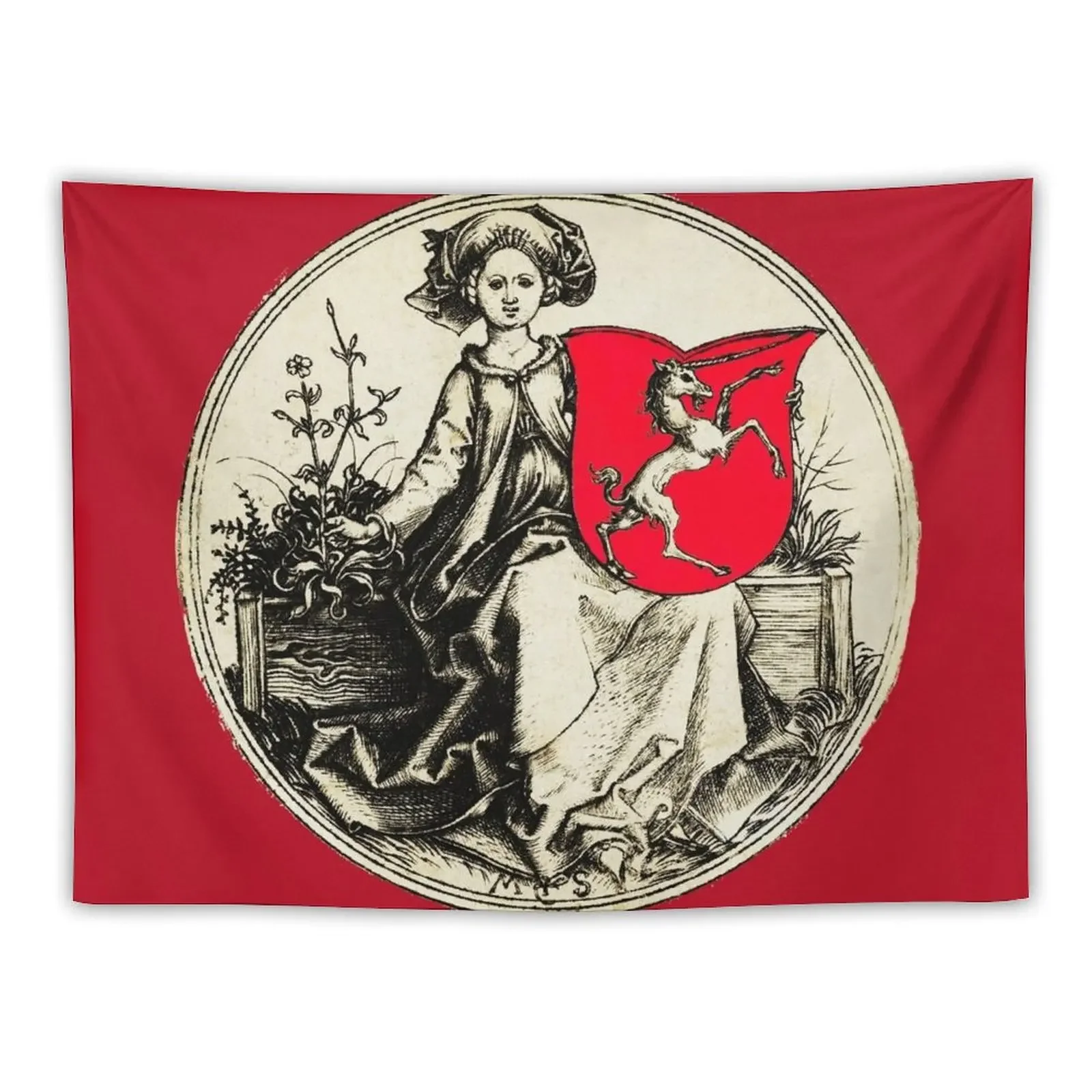 MEDIEVAL LADY HOLDING A SHIELD WITH RAMPANT UNICORN in Black White Red Tapestry Room Decor Room Decor For Girls Tapestry