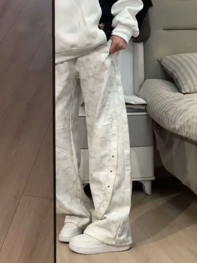 

American Cleanfit Dir Dyed Knife Jeans Men's Straight Leg Wide Leg Pants Spring Season Deconstructed Design Sense Rivet