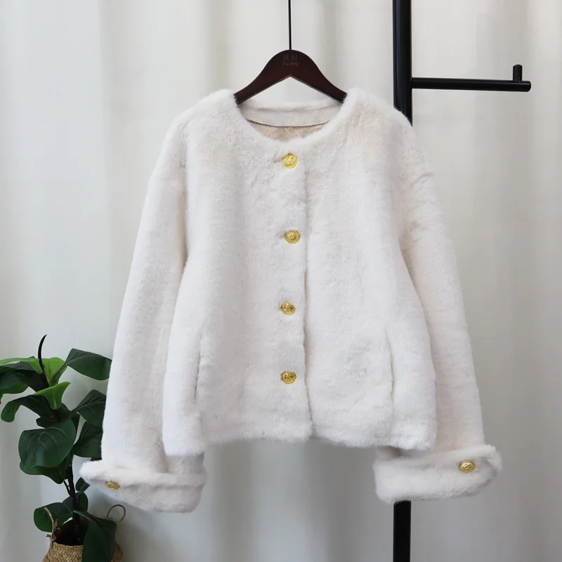 

2024 Autumn/Winter New Women Thick Fur One Piece Coat Round Neck Style Small Fragrant Wind Loose mink like Cardigan