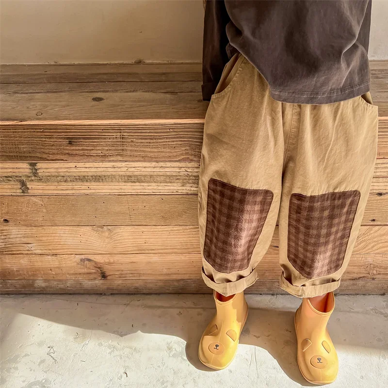 Korean Style New  Autumn Baby Boy Girl Pants Plaid Patchwork Harem Pants Coffee Apricot Cotton Casual Pants Baby Clothes E22039