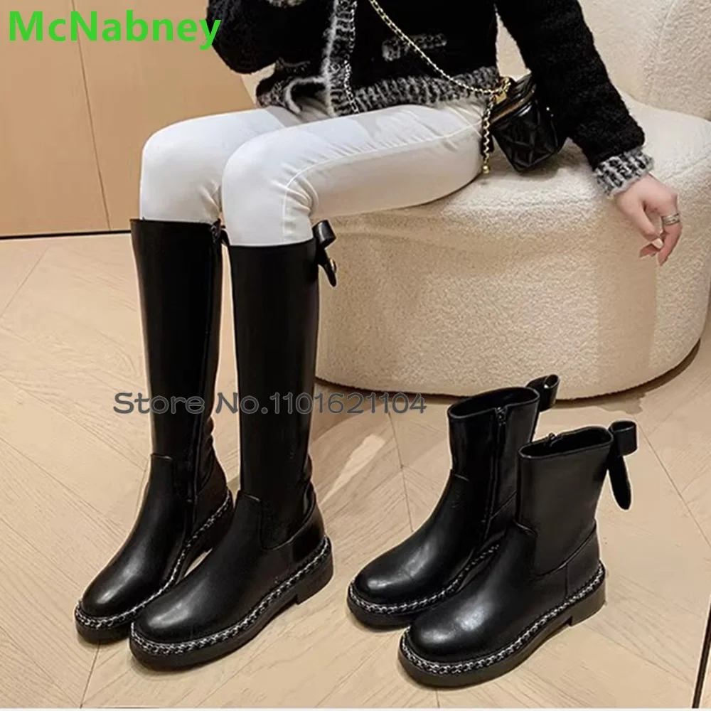 Black Round Toe Chunky Heel Luxury Boots For Female Women Knee High Side Zipper Flat With Leather Fabric Elegant Fashion Shoes