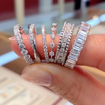 Chic Silver Color Crystal Rings for Women Iced Out Tennis Zirconia Stacking Ring for Female Fashion Jewelry Accessories KCR082