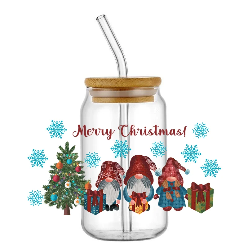 Christmas Santa Claus 16OZ UV DTF Cup Wrap Transfer Stickers Custom Labels DIY Waterproof Logo For Libbey Glass Can