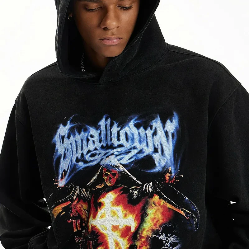 

Death Mage Waed Print American Vintage Character Weathered Hoodie Loose Fit Long Sve round Ne Antibacterial Thiened