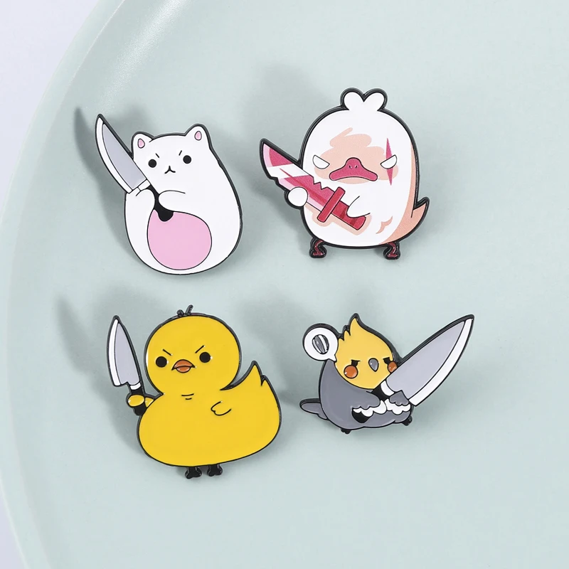Cute Bear Duck Chicken Holding A Knife Enamel Pins Cartoon Humorous Animal Metal Brooch Bag Lapel Badge Jewelry Gift for Friends view 6