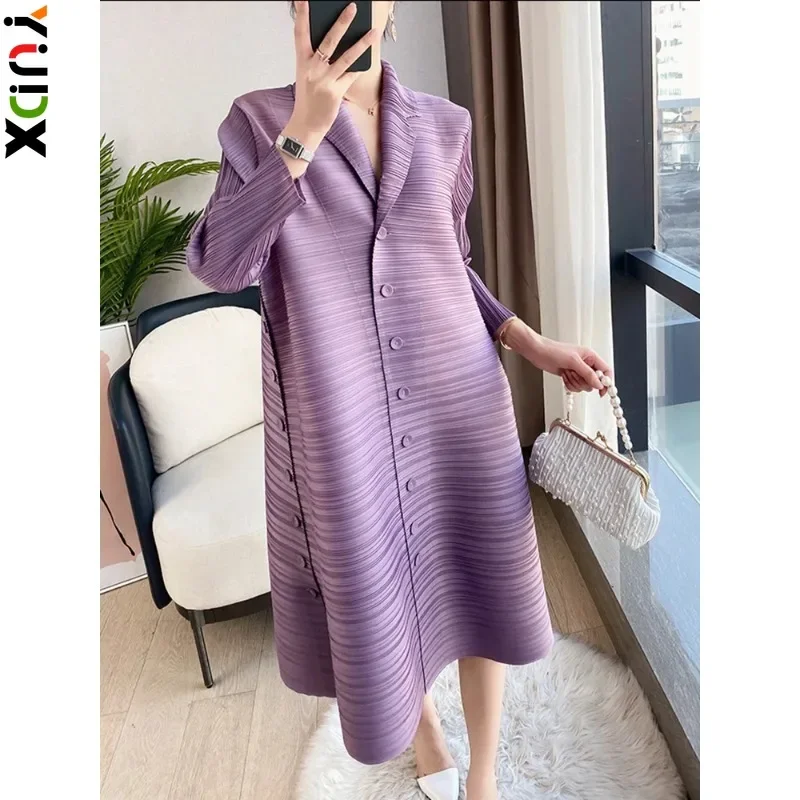 

YUDX Miyake Woman Pleated Dress Side Button Design Lapel Collar Loose High Elastic Elegant Casual Style 2023 Summer Fashion