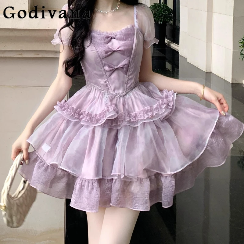 

L-5XL Large Size French Gauze Three-dimensional Flower Cake Suspender Dress Women's Summer A-line High Waist Princess Dresses