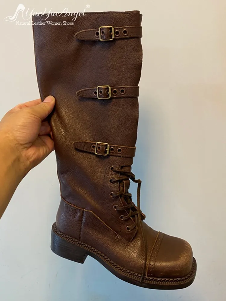 New Ladies Autumn Winter Belt Buckle Mid Heel Genuine Leather Solid Color Knee High Boots Lace Up Elegant Fashion Shoes Footwear