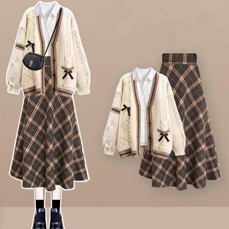 

Женский осенне-зимний свитер в консервативном стиле с бантом, кардиган, белые рубашки, клетчатые юбки, комплект, женское корейское вязаное пальто, топы, юбка, костюмы