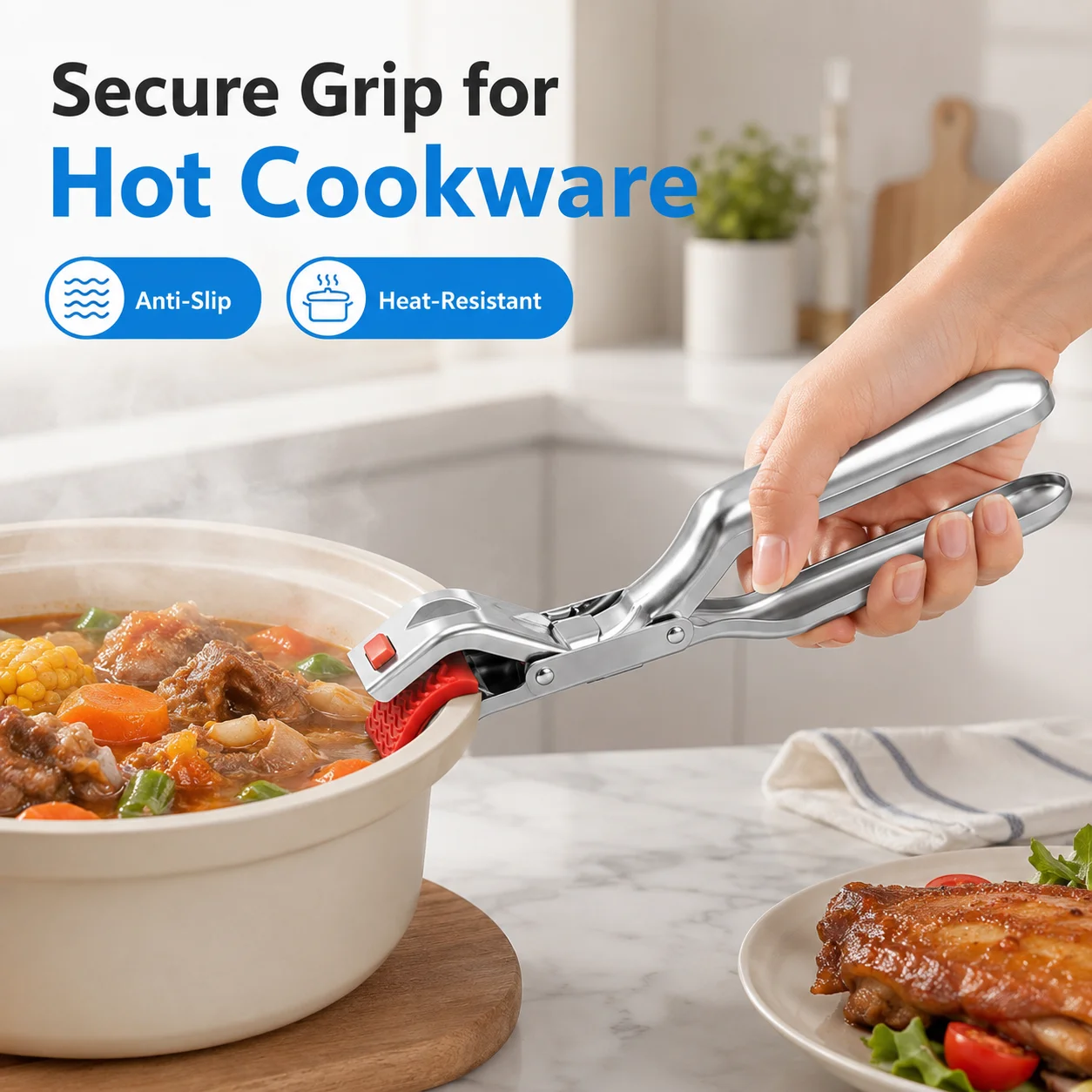 1P Anti-Verbrühungs-Schüsselklammer, rutschfester Halter für heiße Teller, Topfklammer aus Edelstahl, Küchenklammer zum Kochen, Backen und Servieren – Detail 4