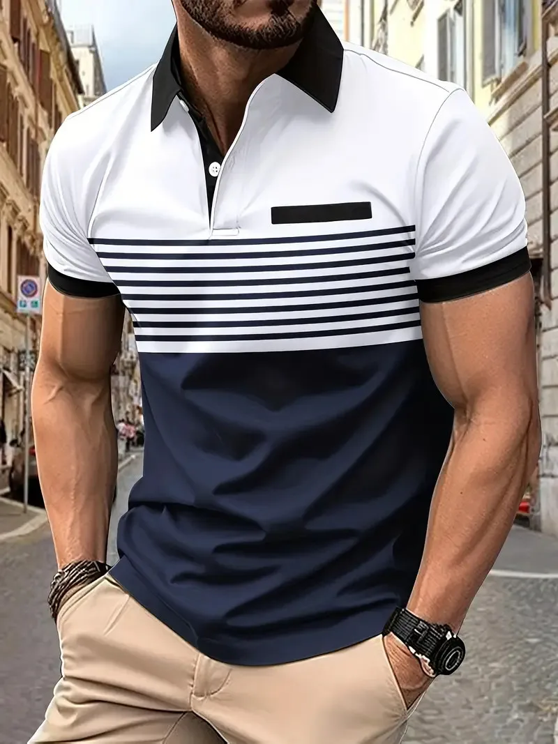 New Summer Striped 3D Printed Men's Polo T Shirt Fashion Lapel Button Zipper Top Hipster Trend Streetwear Short Sleeve Tops