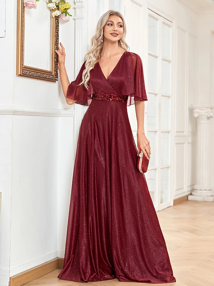 XUIBOL-Robe de Soirée Élégante à Manches Courtes pour Femme, Tenue Formelle à Paillettes, Col en V, à Volants, en Mousseline de Soie, Rouge, Éducative, 2024