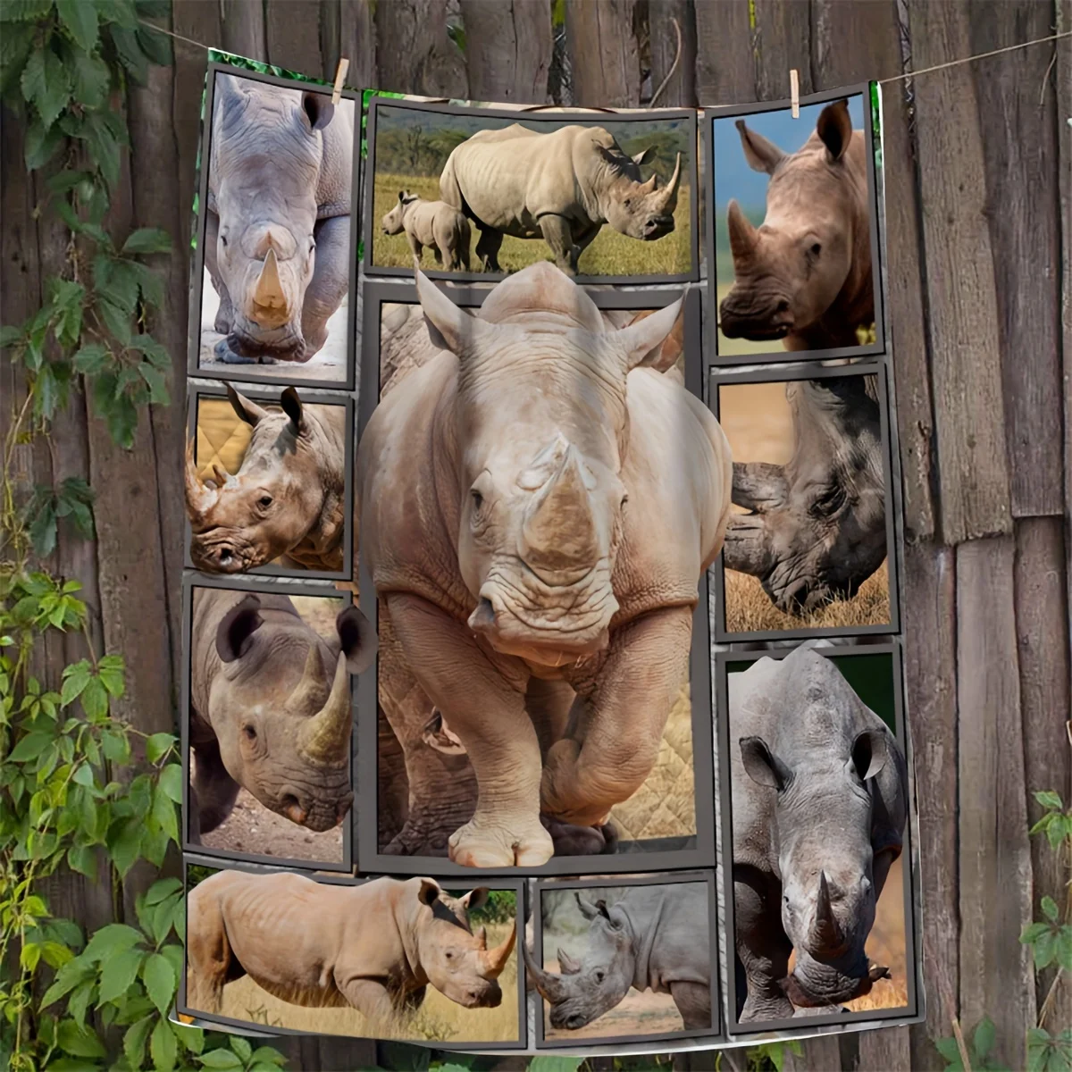 Rhino Collage Blanket Realistic White Rhinoceros Animal Print Fleece Throw Soft Warm Bedding Sofa Cover Home Decor Gift