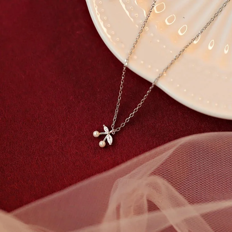 Cherry Pendant Necklace Marquise CZ Leaf Imitation Pearl Fruit Charm Cable Chain Necklace Women Dainty Everyday Jewelry