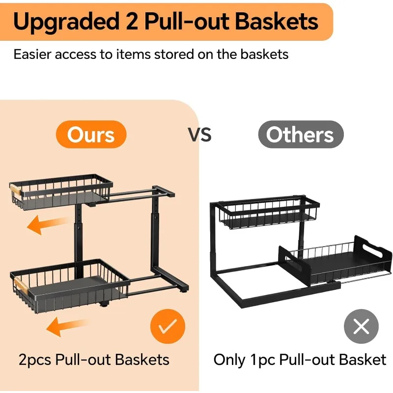 2 Packs 2 Tier Under Sink Organizers and Storage, Slide out Pull out Cabinet Organizer Shelf, Metal Sliding Drawer