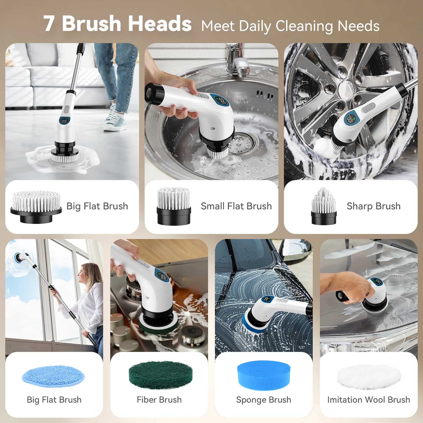 Cordless Clean Waterproof Multi Purpose 45Inch Extended Handle  2nd Gear Spin 7In1 Electric Cleaning Brush Kitchen and Bathroom