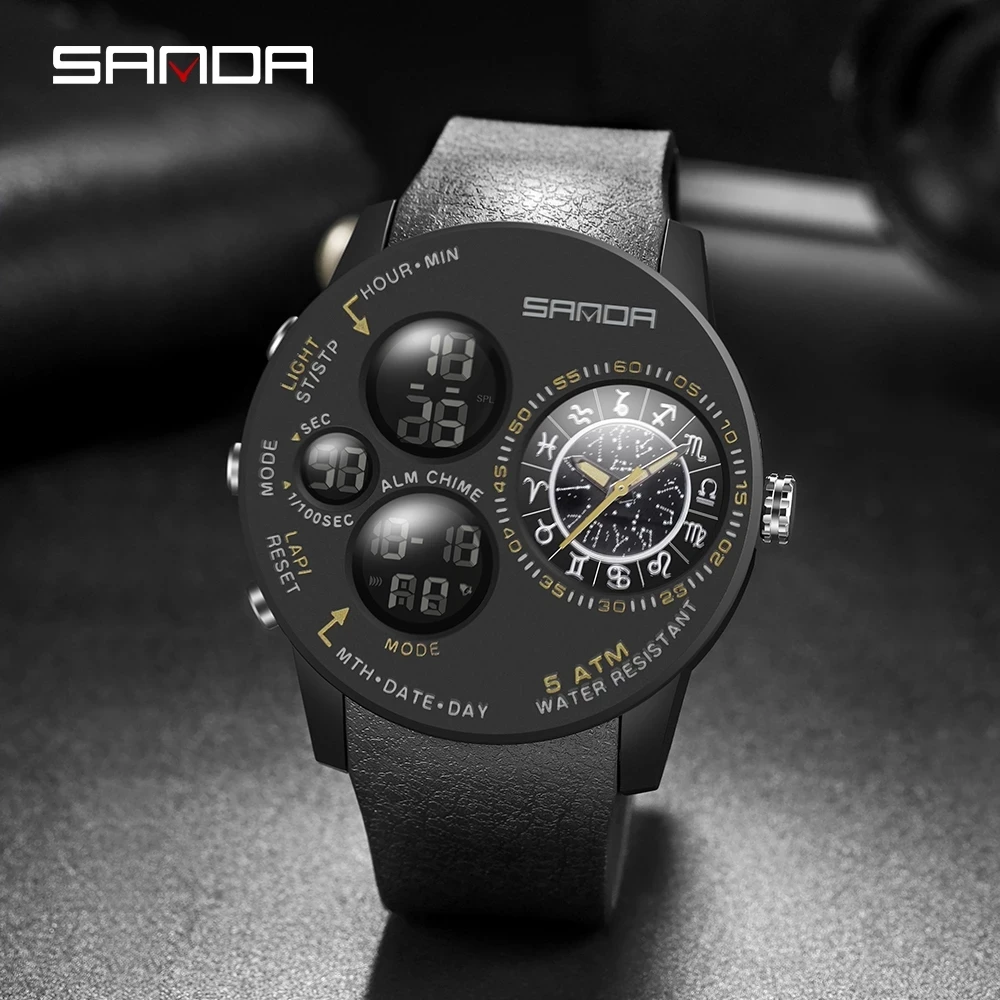 SANDA 2023 Fashion Outdoor Mens orologi Top Brand Military Sports orologio al quarzo Dual Display orologio da polso orologio impermeabile 6036