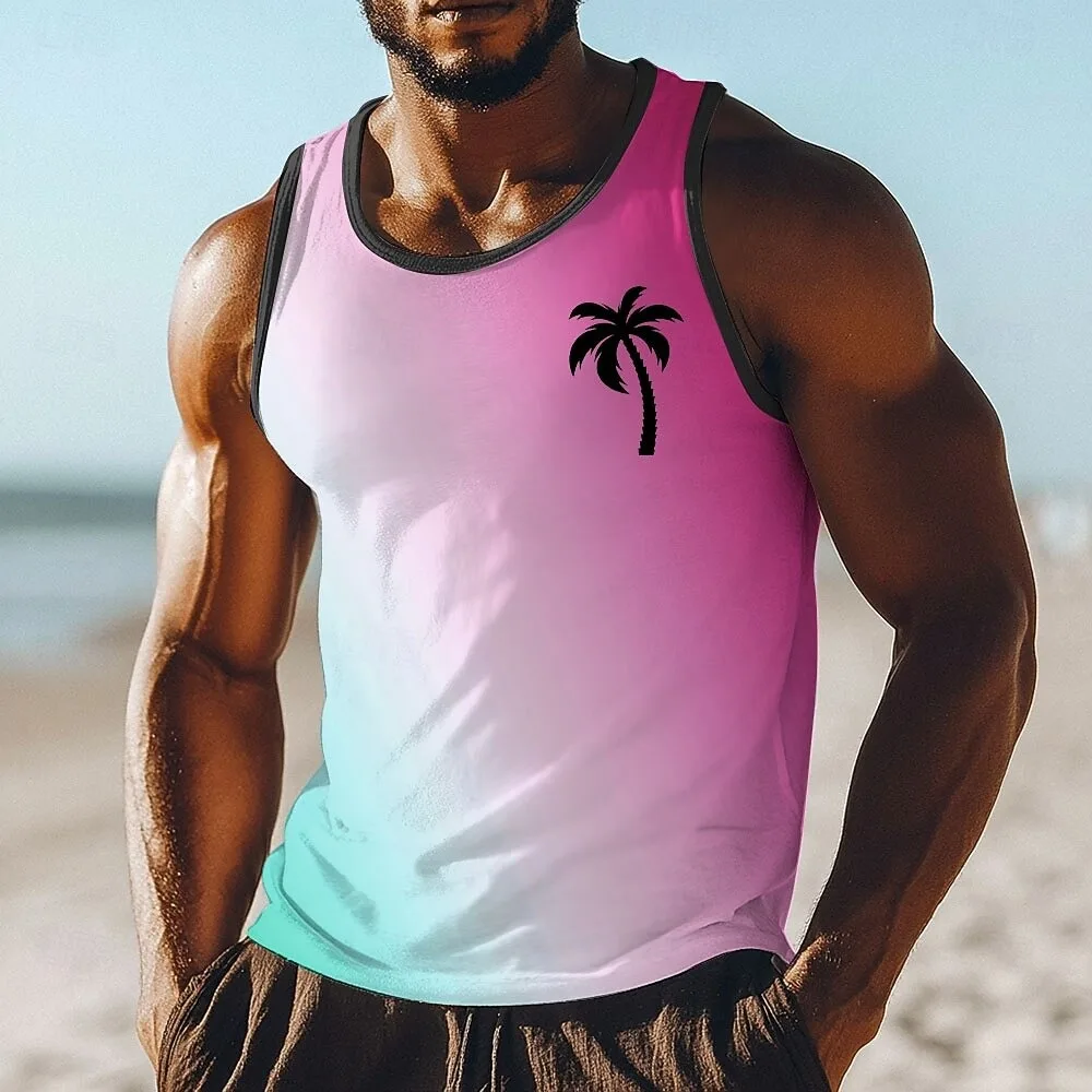 Mens Sleeveless Round Neck T-shirt TankTop Summer Gradient Morandi Style Minimalist Black Palm TreeTropical Beach Degree Pretend