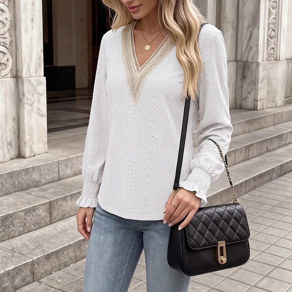 Womens Fashion for V Neck Long Sleeve for top with Lace Patchwork Detail Solid Color Loose for Fit Blouse for Holiday Beach