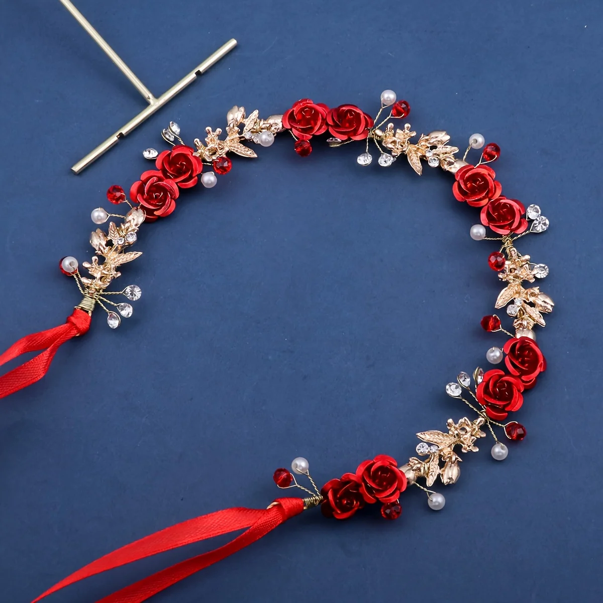 Red Handmade Rose Headband Decorated With Imitation Pearl Rhinestones For Brides, Women, Weddings, Parties, And Banquets