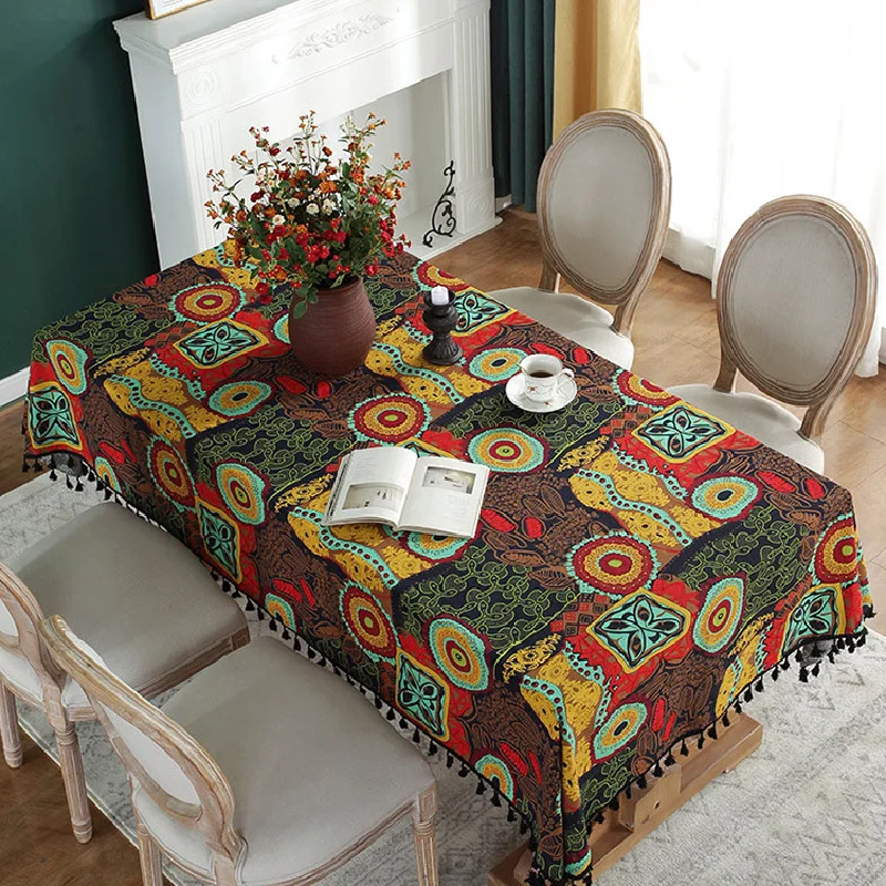 Ethnic Style Tablecloth Mayan Big Flower Rectangular Tablecloth Coffee Table Cover Birthday Wedding Set Home Table Decoration