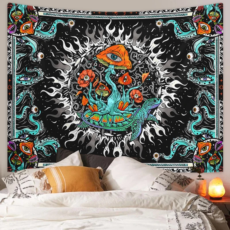 1pc Large Size Bohemian Burning Sun Mushroom Octopus Tapestry Psychedelic Eye Marine Creature Tapestry Horizontal Length