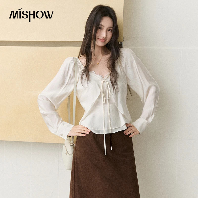 MISHOW Women's French Lace Trim Blouse 2026 Autumn V‑Neck Tie Front Loose solid blouses Babydoll Style Casual Tops MXF43X2783