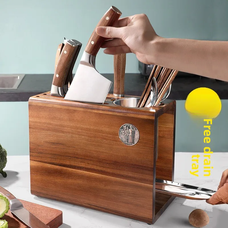 Solid Wood Kitchen Knife Holder Multi-Functional Chopstick & Cutting Board Organizer Display Stand for Cutlery view 6