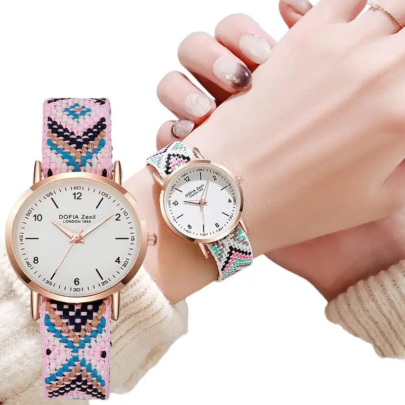 Women Quartz Watches Canvas Strap Simple Temperament Forest Style Fresh Bohemian Woven Design Luminous Wrist Watches For Daily