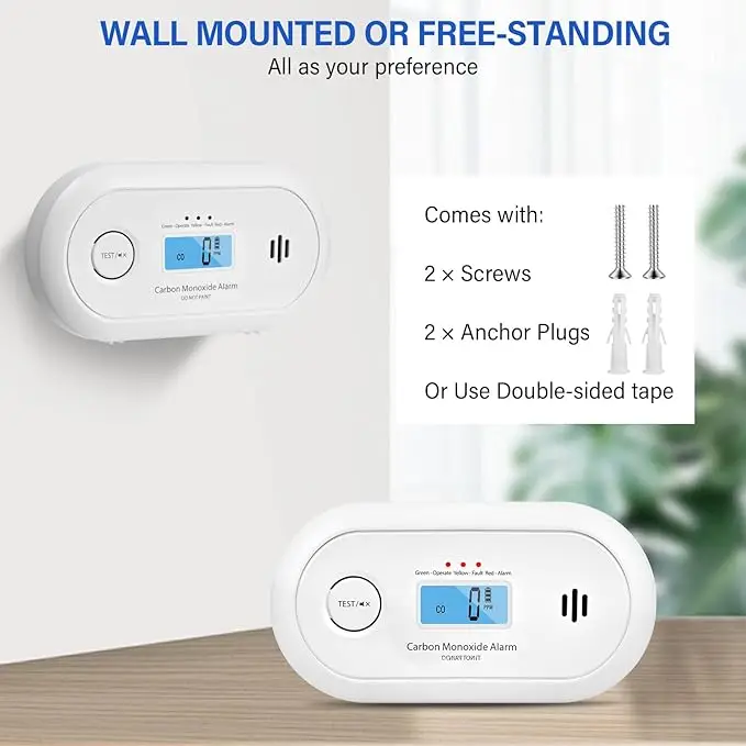 Carbon Monoxide Alarm with Digital LCD Display, Carbon Monoxide Detector with Replaceable CR123A Battery, CE, VC22R, 2-PACK