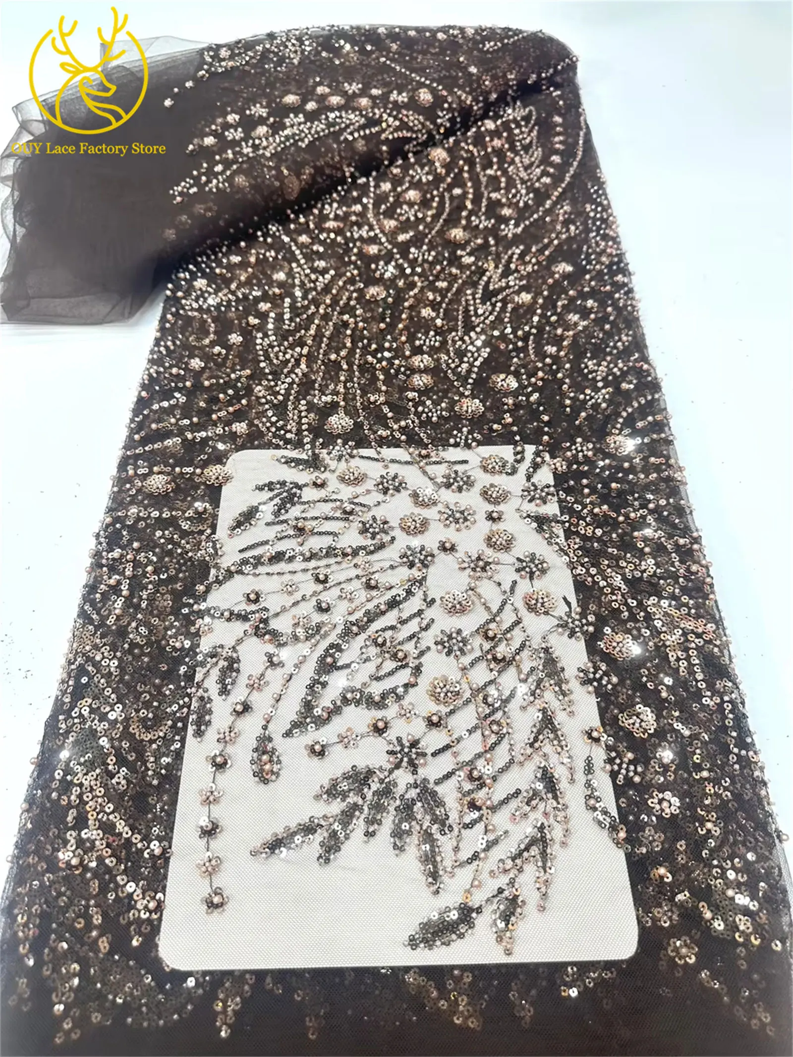 Afrikanischer Spitzenstoff, 5 Yards, hochwertiger nigerianischer Spitzenstoff mit Perlen und Pailletten, französische Tüllspitze zum Nähen von Hochzeits- und Partykleidern – Detail 18