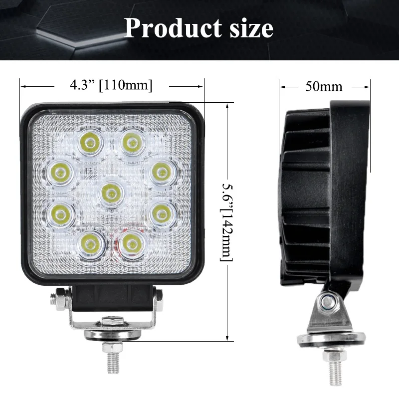 27W 12V 24V Square Excavator LED Work Light Driving Lamp Heavy Duty Flood Spot DT04 Connector for Car Tractor Offroad SUV Truck