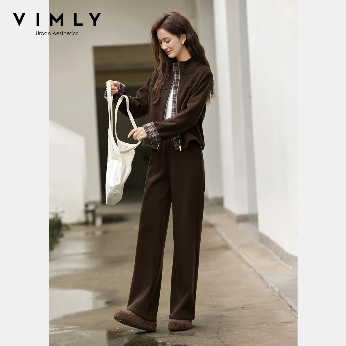 VIMLY femmes marron deux pièces ensemble hiver 2025 épissé Plaid col montant fermeture éclair hauts pantalons à jambes larges décontracté dame pantalons ensembles A3097