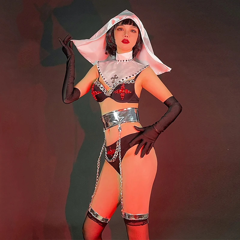 Pole Dance Costume Sexy Bikini Nightclub Gogo Show Dancer Outfit Halloween Nun Rave Festival Clothing Dj Ds Clubwear