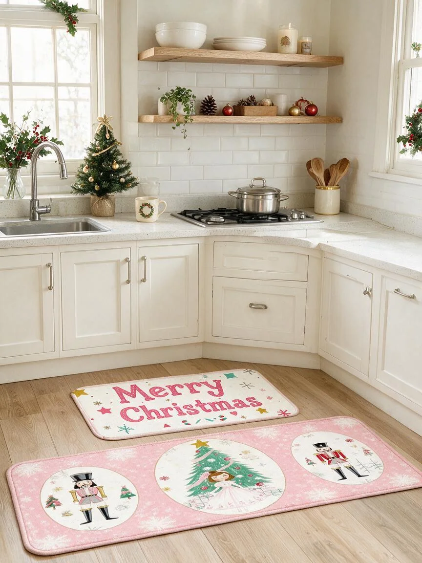 Christmas Kitchen Runner Carpet Long Soft Plush Flannel Rug Non Slip Water Absorbent Decorative Mat for Kitchen Toilet