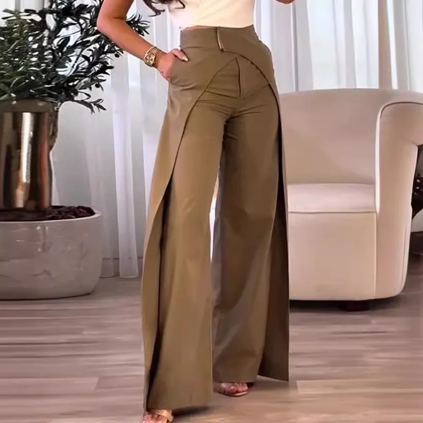 

Women New Staggered Design Casual Wide Leg Pants Solid Color Summer Full Length Pants Trousers High Waist