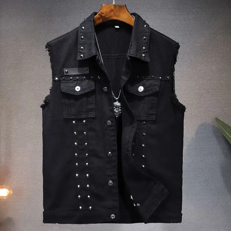 

2026 Spring Fashion Women Rivet Denim Vests Punk Party Studded Slim Fit Jean Jacket Female Sleeveless Waistcoat Outwear