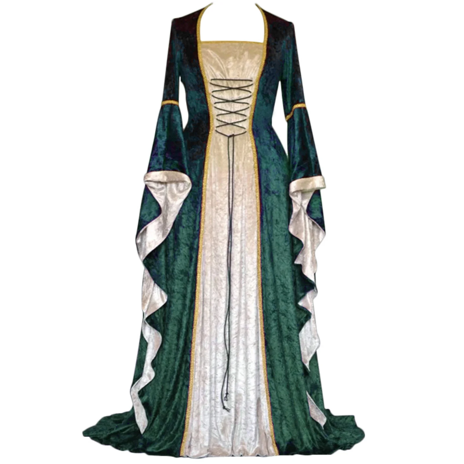 

Medieval European Court Cosplay Costume Blue Green Red Purple Golden Velvet Horn Sleeve Ankle Length Retro Long Dress