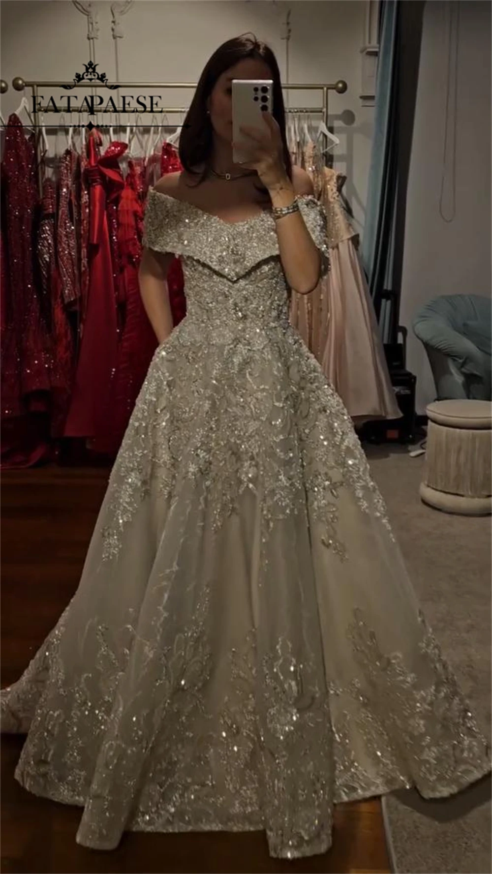 

FATAPAESE Customized Glittering Cap Sleeve Evening Dresses Luxury A Line Beads Stones Prom Dress Dubai Wedding Guest Dress