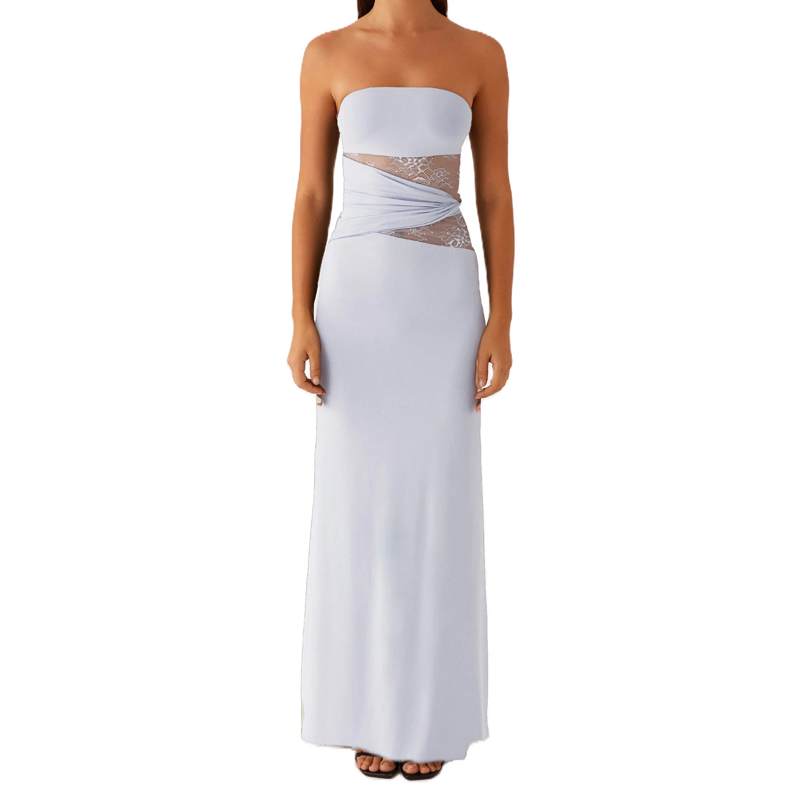 Sommer Langes Röhrenkleid Damen Transparente Spitze Patchwork Ärmelloses Trägerloses Rückenfreies, Figurbetontes Knöchellanges Kleid