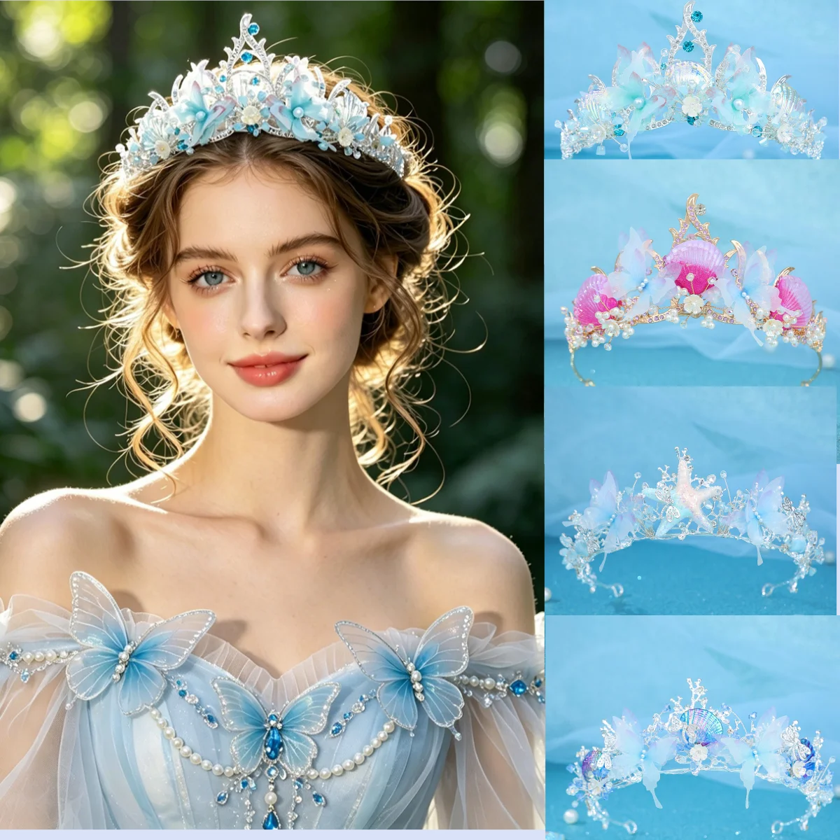 KMVEXO Ocean Style Wedding Crown Princess Hair Accessory Shell Rhinestone Tiaras Headband for Wedding Dresses and Evening Gowns