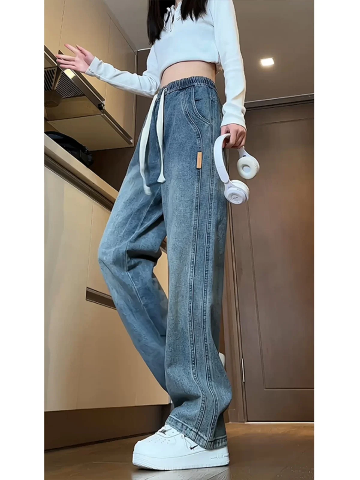 

Модные мужские джинсы в американском стиле High Street Vibe, весенне-осенние свободные прямые брюки, повседневные длинные брюки, износостойкие, с микроэластаном