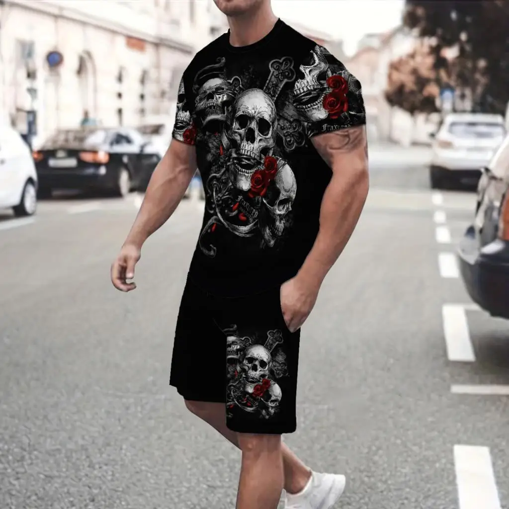 2024 New men\'s short sleeved shirt and shorts set,2-piece set of men\'s street clothing, 3D skull print set,US sizes cloths S-2XL